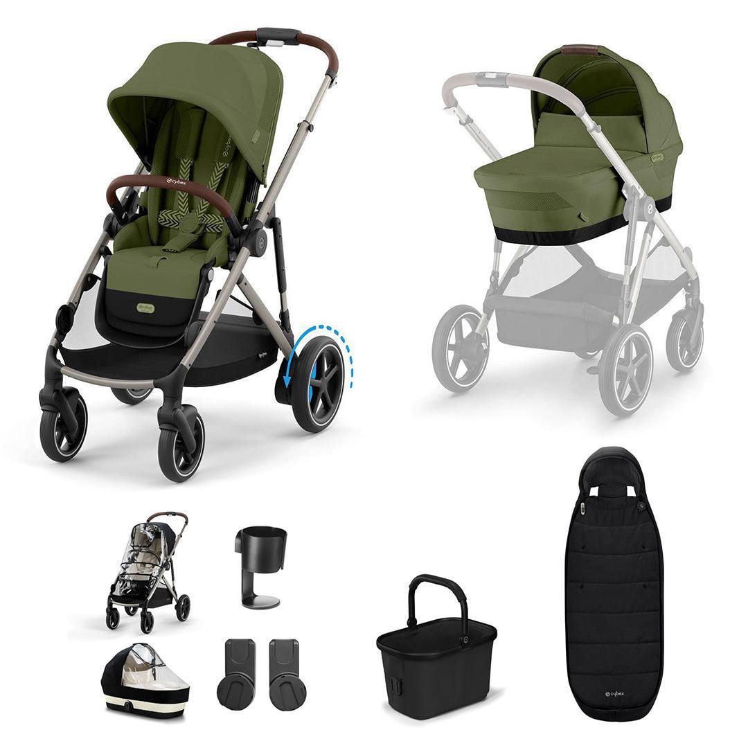 CYBEX e-Gazelle S Essential Pushchair Bundle-Stroller Bundles-Moss Green-Gold Footmuff | Natural Baby Shower