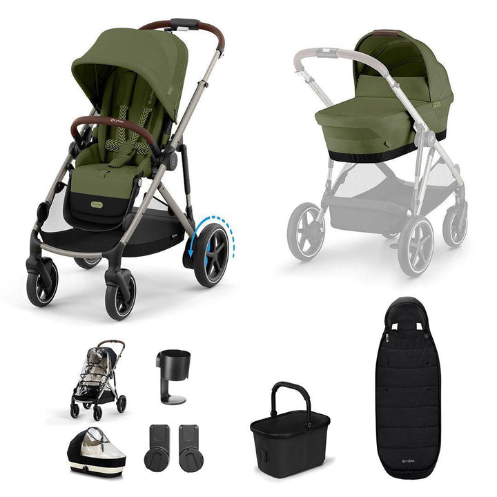 CYBEX e-Gazelle S Essential Pushchair Bundle-Stroller Bundles-Moss Green-Gold Footmuff | Natural Baby Shower