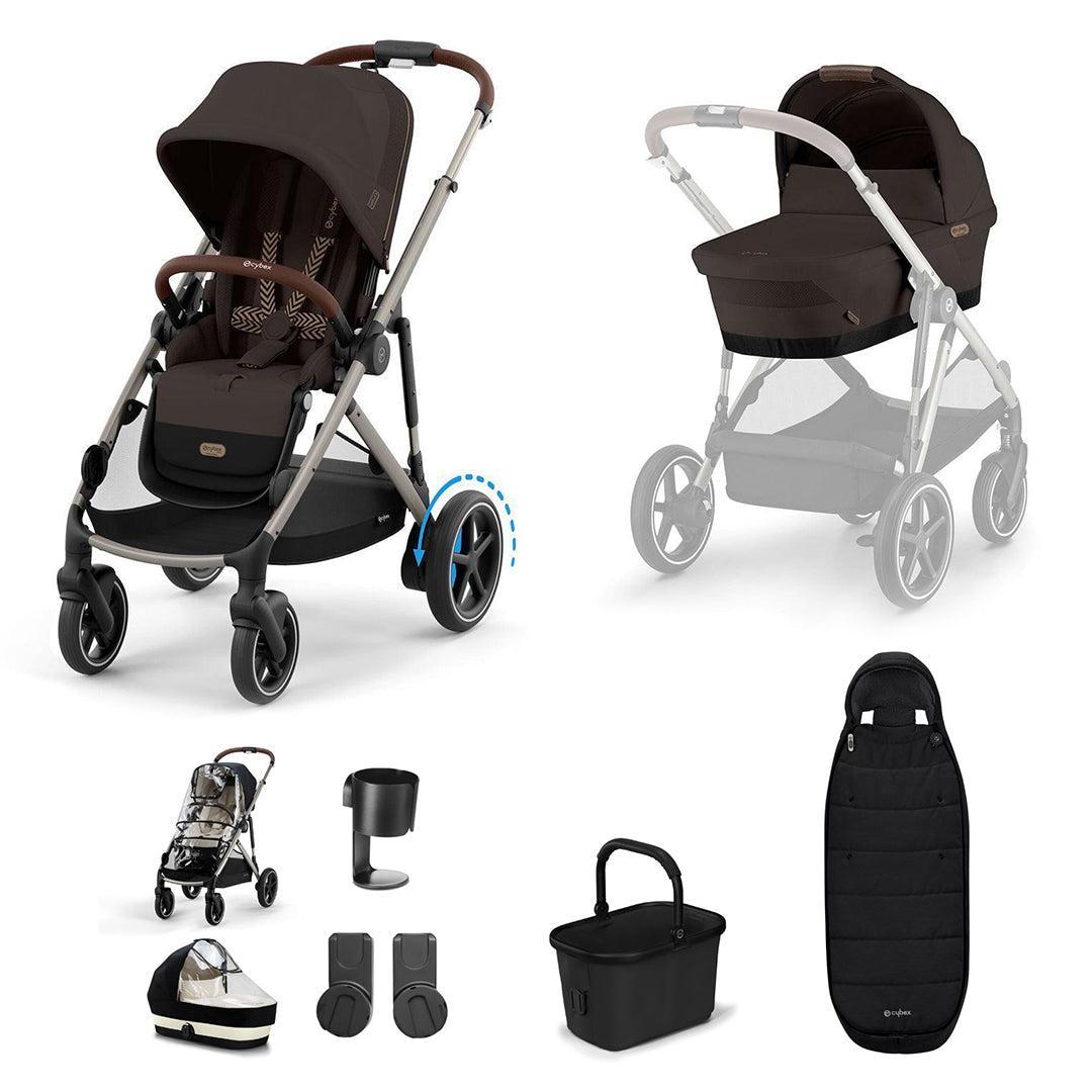 CYBEX e-Gazelle S Essential Pushchair Bundle-Stroller Bundles-Chocolate Brown-Gold Footmuff | Natural Baby Shower