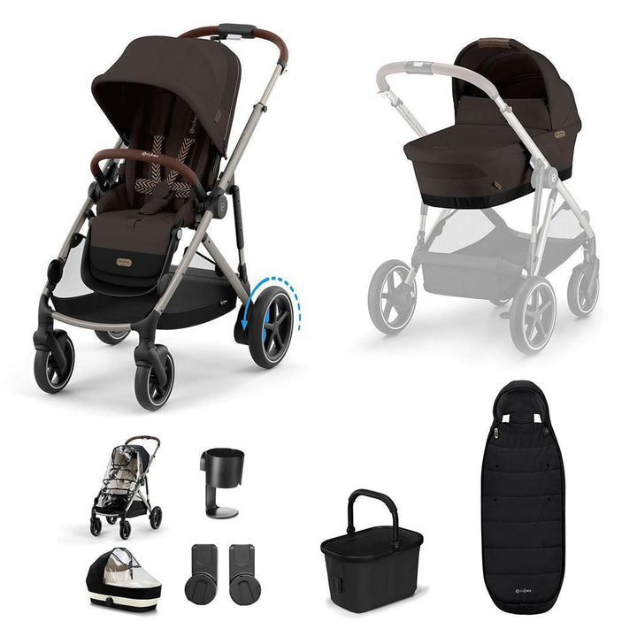 CYBEX e-Gazelle S Essential Pushchair Bundle-Stroller Bundles-Chocolate Brown-Gold Footmuff | Natural Baby Shower