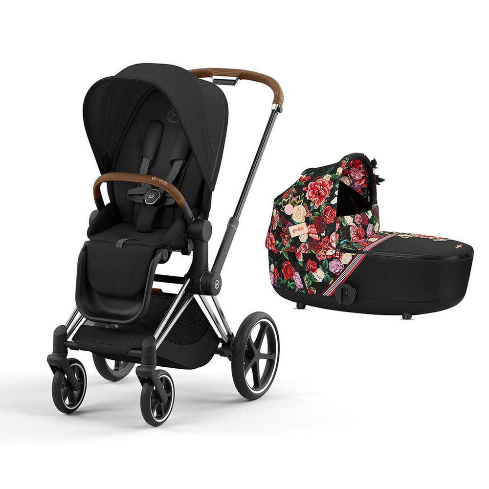 CYBEX Priam Pushchair & Carrycot Bundle - Black/Spring Blossom-Stroller Bundles-Chrome Brown- | Natural Baby Shower