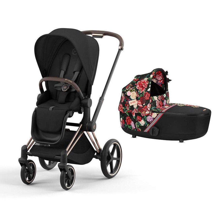 CYBEX Priam Pushchair & Carrycot Bundle - Black/Spring Blossom-Stroller Bundles-Rose Gold- | Natural Baby Shower