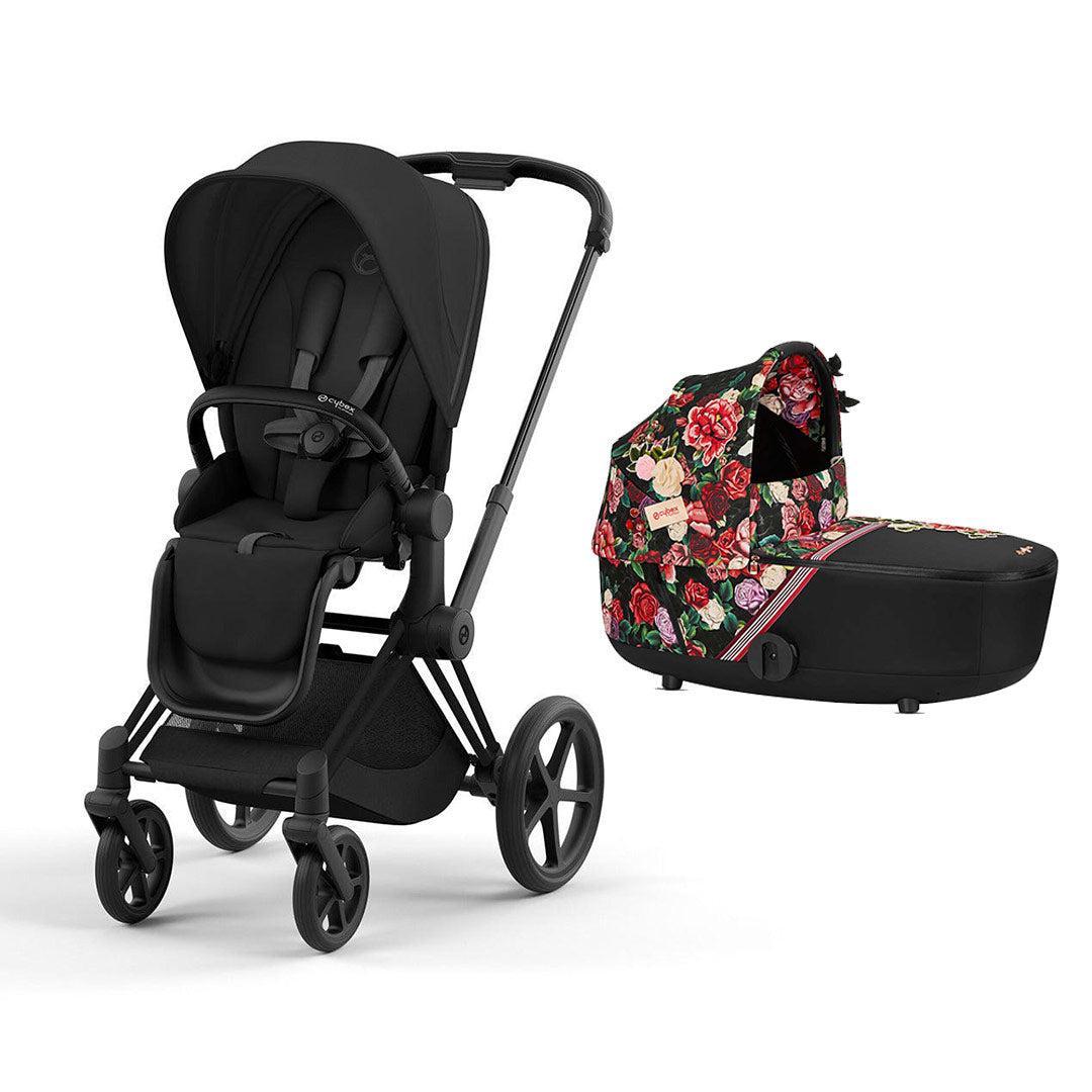 CYBEX Priam Pushchair & Carrycot Bundle - Black/Spring Blossom-Stroller Bundles-Matt Black- | Natural Baby Shower