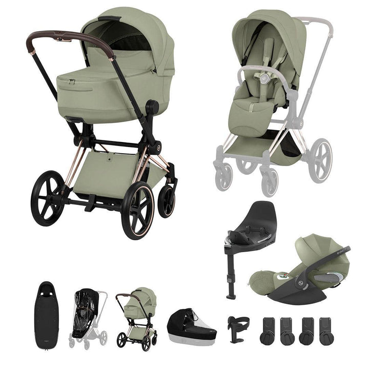 CYBEX PRIAM Fold Cot Ultimate Travel System Bundle - Style-Travel Systems-Sage Green-Rose Gold | Natural Baby Shower