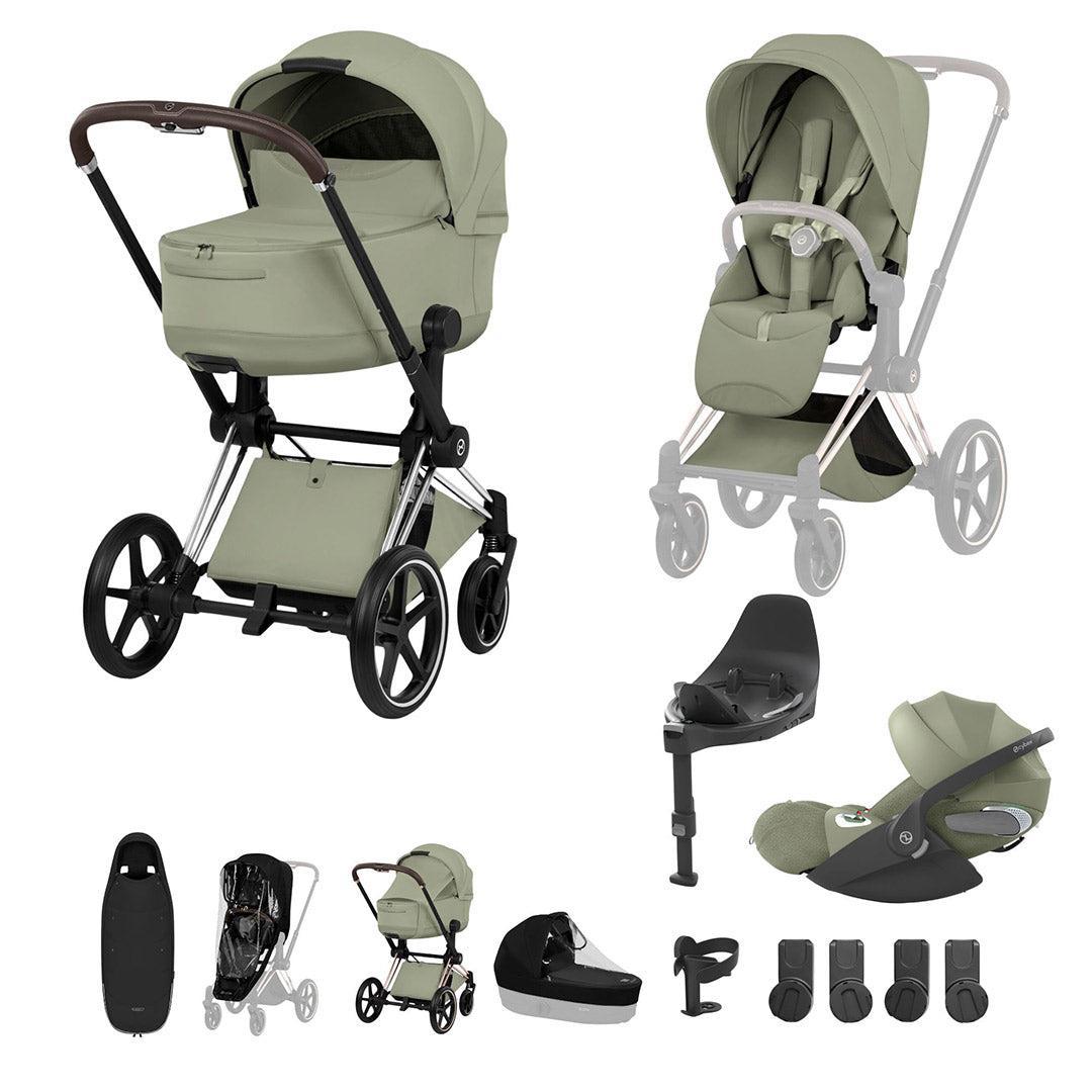 CYBEX PRIAM Fold Cot Ultimate Travel System Bundle - Style-Travel Systems-Sage Green-Chrome Brown | Natural Baby Shower