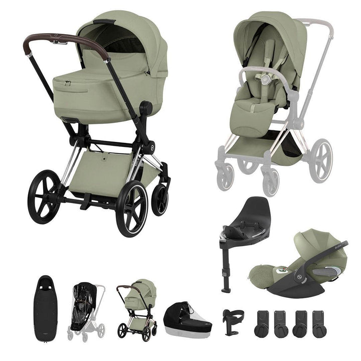 CYBEX PRIAM Fold Cot Ultimate Travel System Bundle - Style-Travel Systems-Sage Green-Chrome Brown | Natural Baby Shower