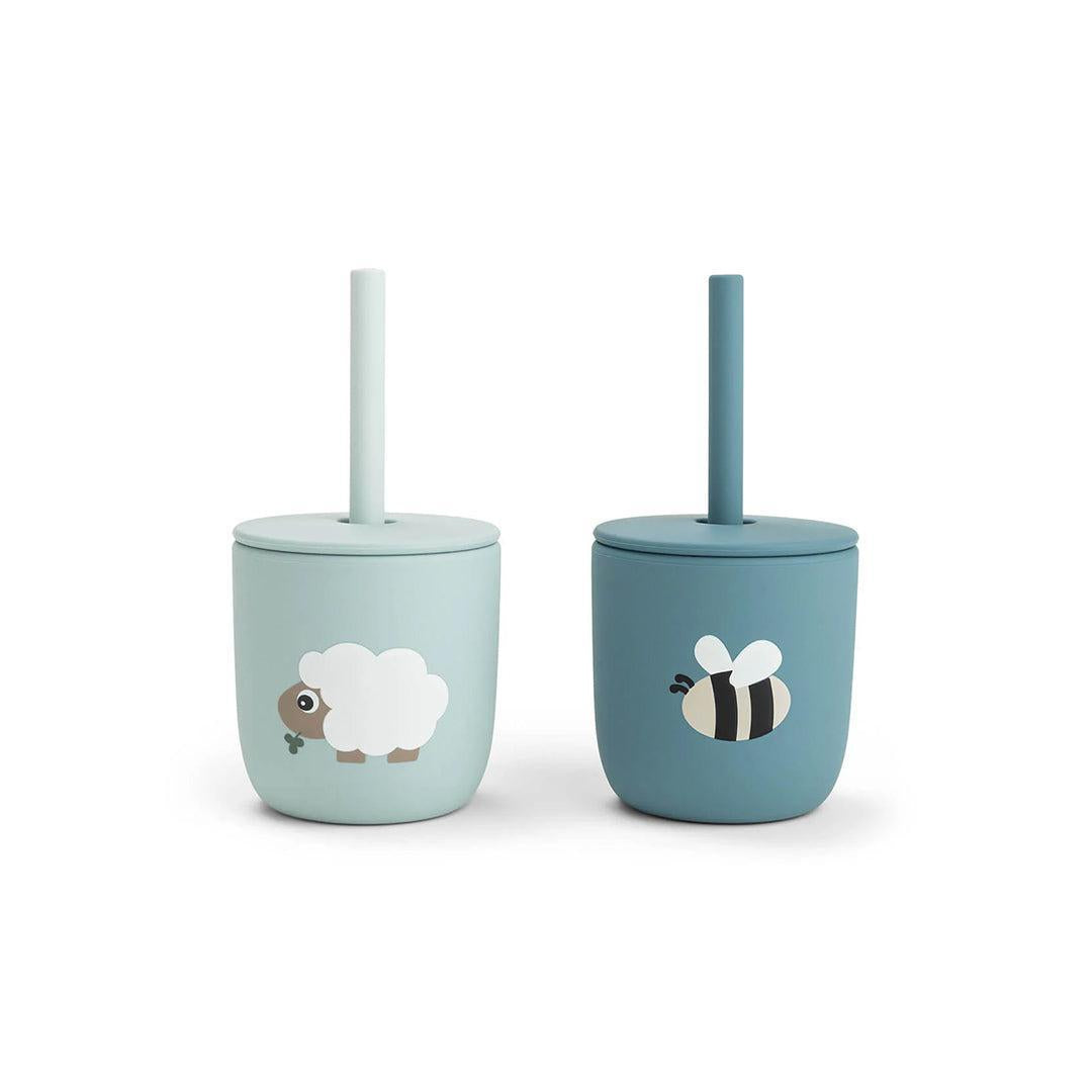 Done by Deer Silicone Straw Cup 2 Pack - Tiny Farm Blue-Cups-Tiny Farm Blue- | Natural Baby Shower