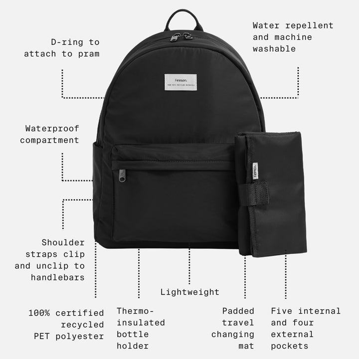 Finnson Ana Eco Changing Backpack - Black-Changing Bags-Black- | Natural Baby Shower