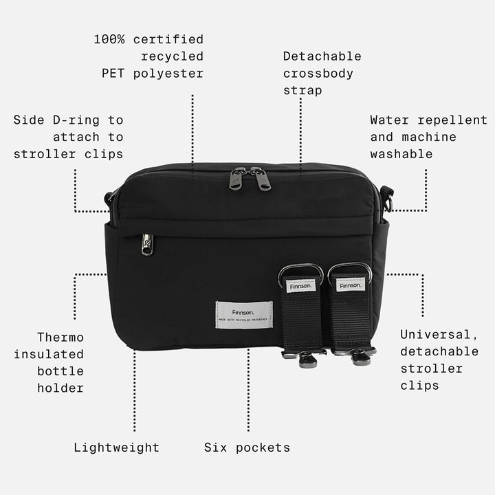 Finnson Frida Eco Stroller Organiser With Stroller Clips - Black-Stroller Organisers-Black- | Natural Baby Shower