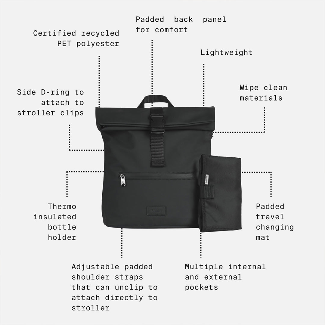 Finnson Viggo Eco Roll Top Changing Backpack - Black-Changing Bags- | Natural Baby Shower