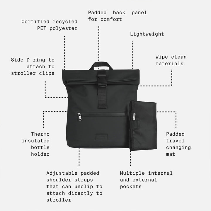 Finnson Viggo Eco Roll Top Changing Backpack - Black-Changing Bags- | Natural Baby Shower