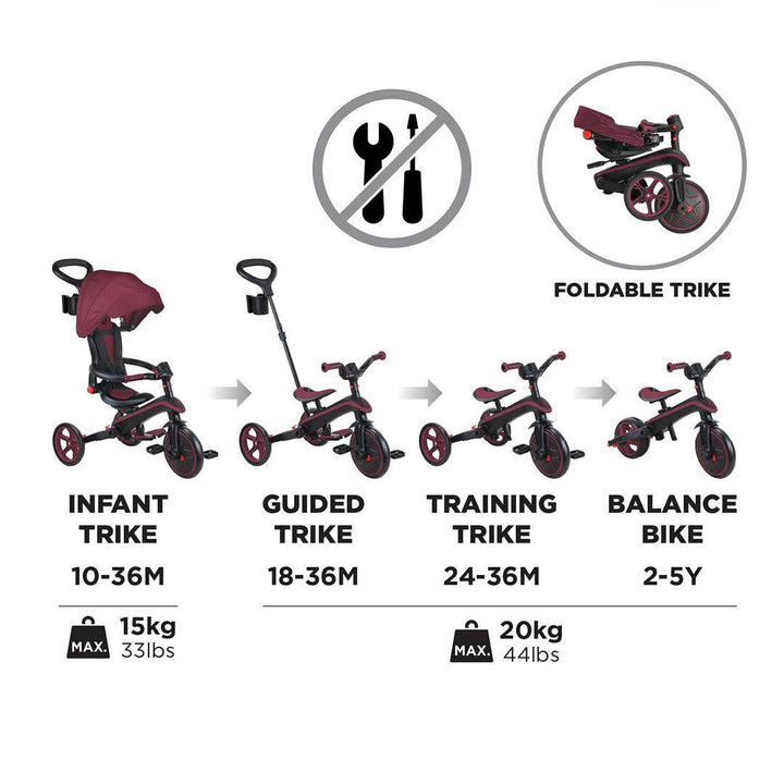 Globber Explorer Trike Foldable 4 in 1 - Burgundy-Bikes-Burgundy- | Natural Baby Shower