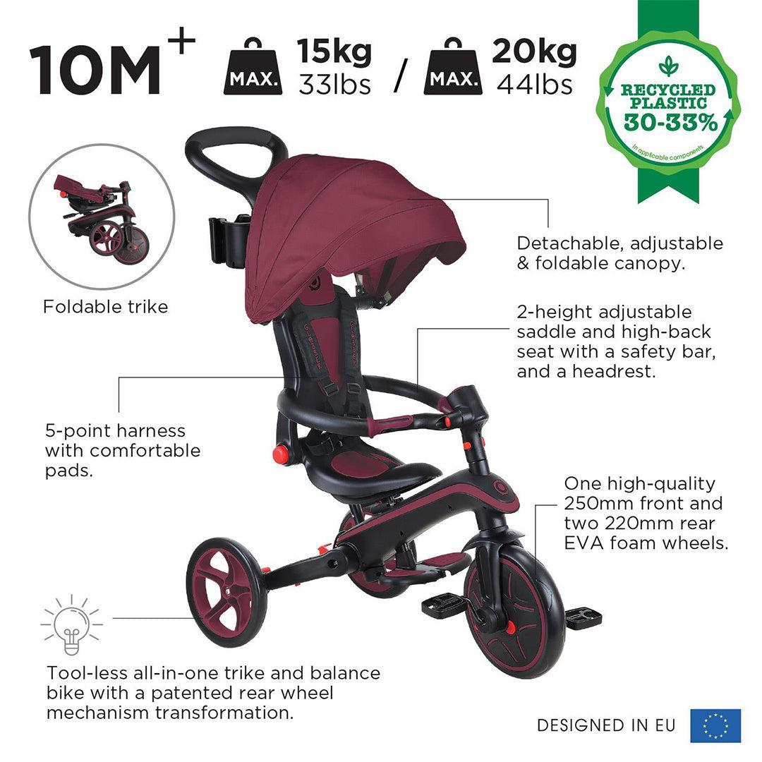 Globber Explorer Trike Foldable 4 in 1 - Burgundy-Bikes-Burgundy- | Natural Baby Shower