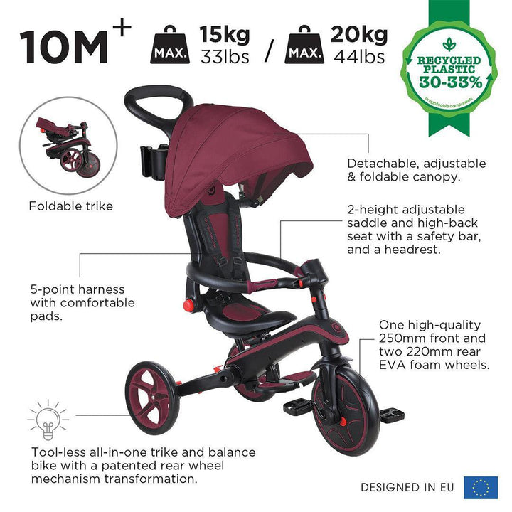 Globber Explorer Trike Foldable 4 in 1 - Burgundy-Bikes-Burgundy- | Natural Baby Shower