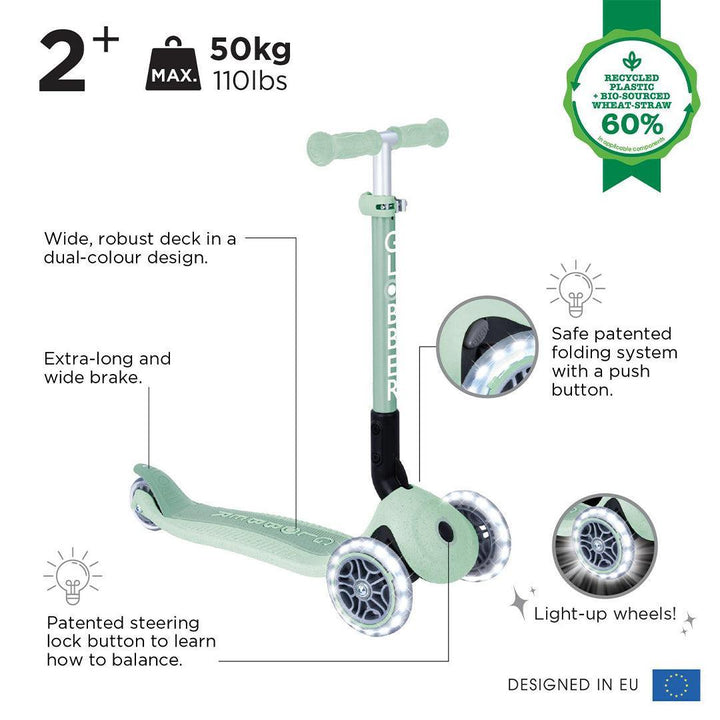 Globber Junior Foldable Lights Eco - Pistachio-Scooters-Pistachio- | Natural Baby Shower