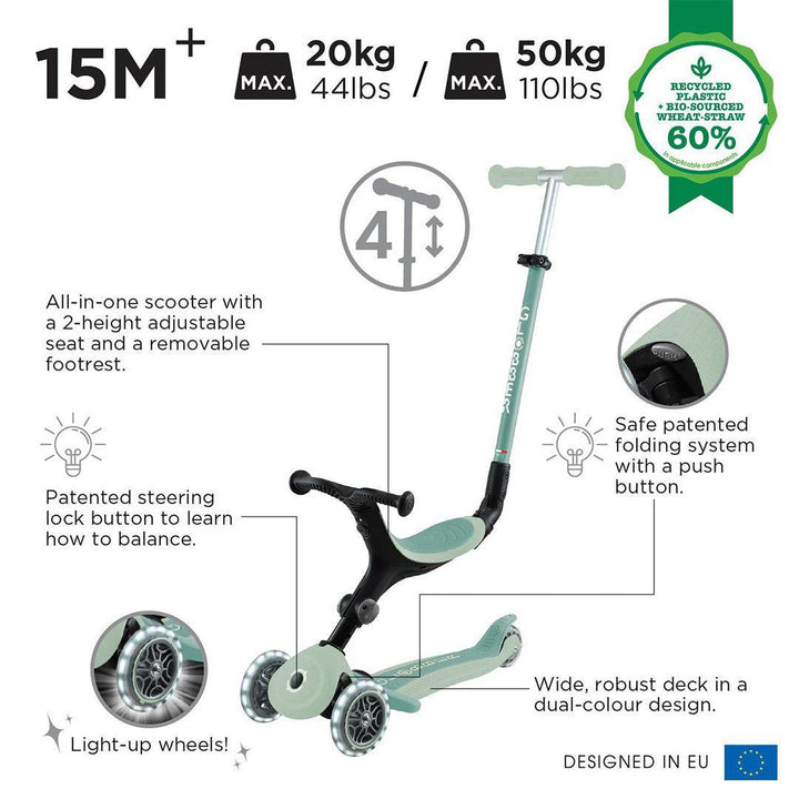 Globber Go Up Eco Active Lights Scooter - Pistachio-Scooters-Pistachio- | Natural Baby Shower