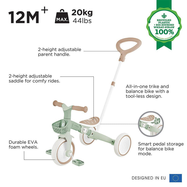 Globber Learning Trike 3 in 1 Plus Eco - Pistachio-Trikes-Pistachio-One Size | Natural Baby Shower