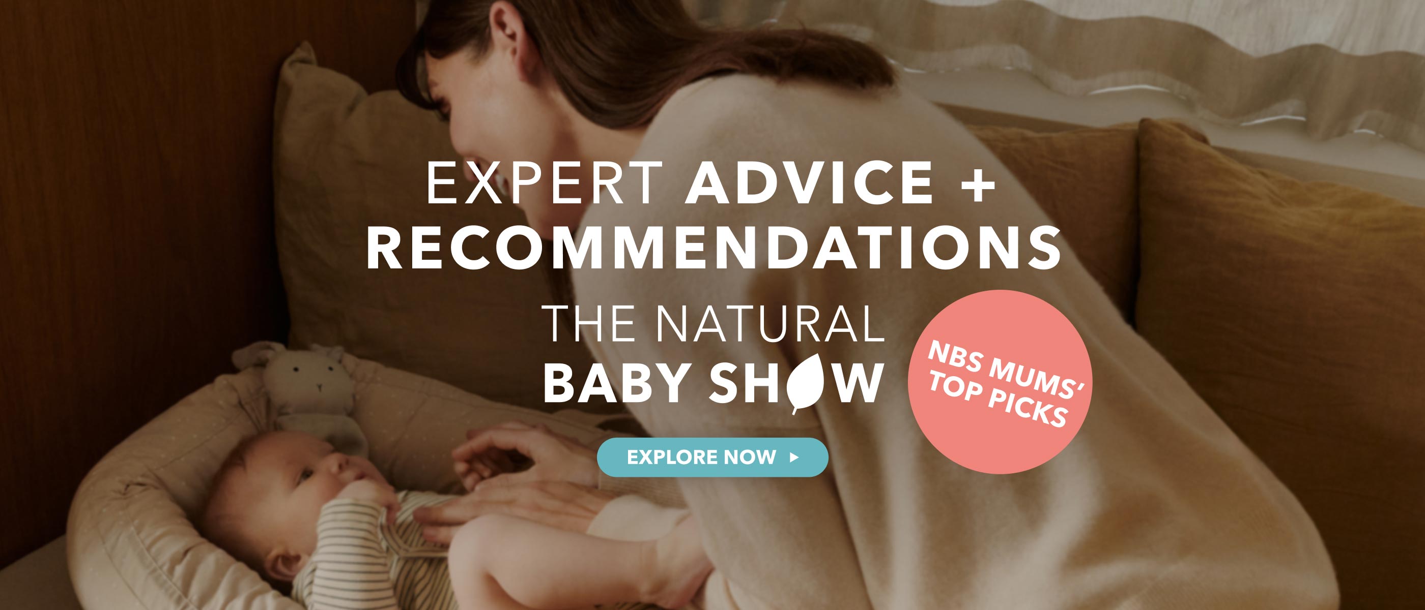 Woman interacting with a baby in a crib, with text overlay about The Natural Baby Show.