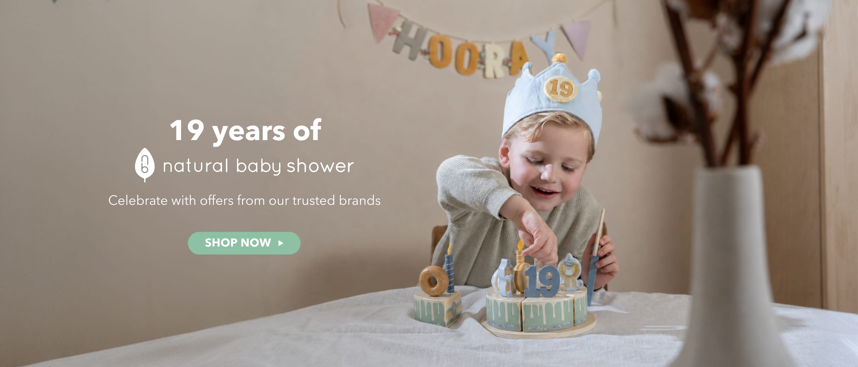 A child wearing a white party hat sits at a table with a small decorated cake and candles in a softly lit indoor setting. Text on the left reads '19 years of natural baby shower' with a green 'SHOP NOW' button, and a 'HOOORR' banner hangs above.