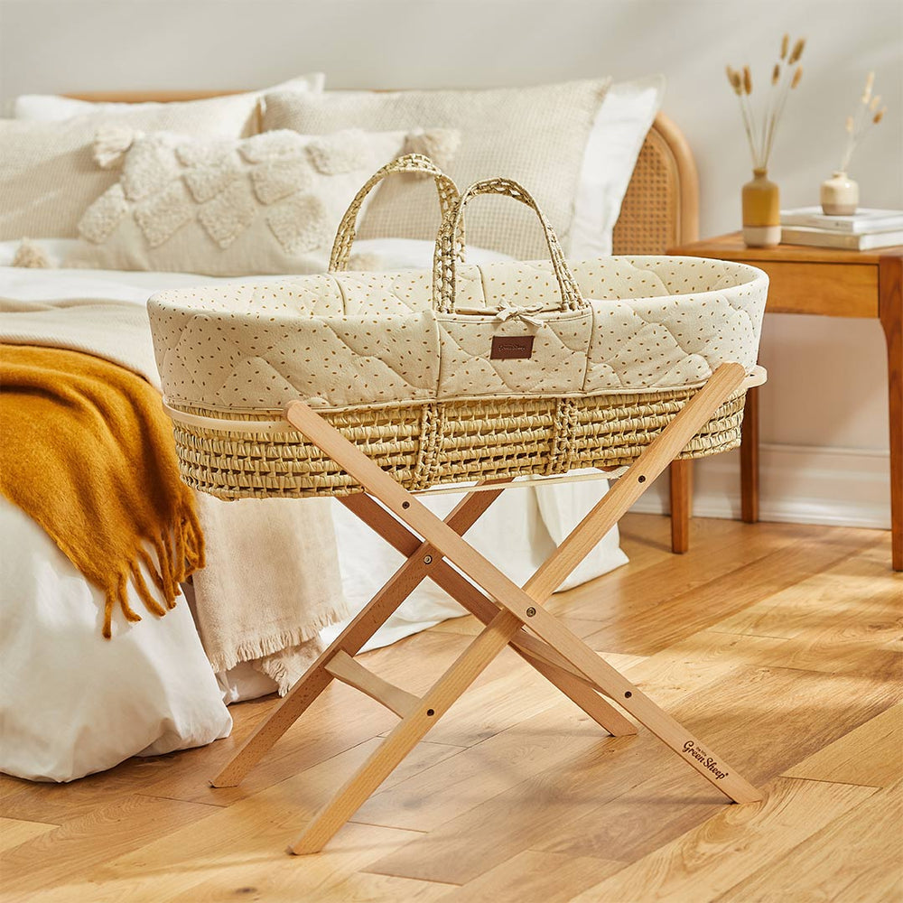 The Little Green Sheep Quilted Moses Basket and Foldable Stand Bundle - Linen Rice / Natural-Moses Baskets-Linen Rice / Natural- | Natural Baby Shower