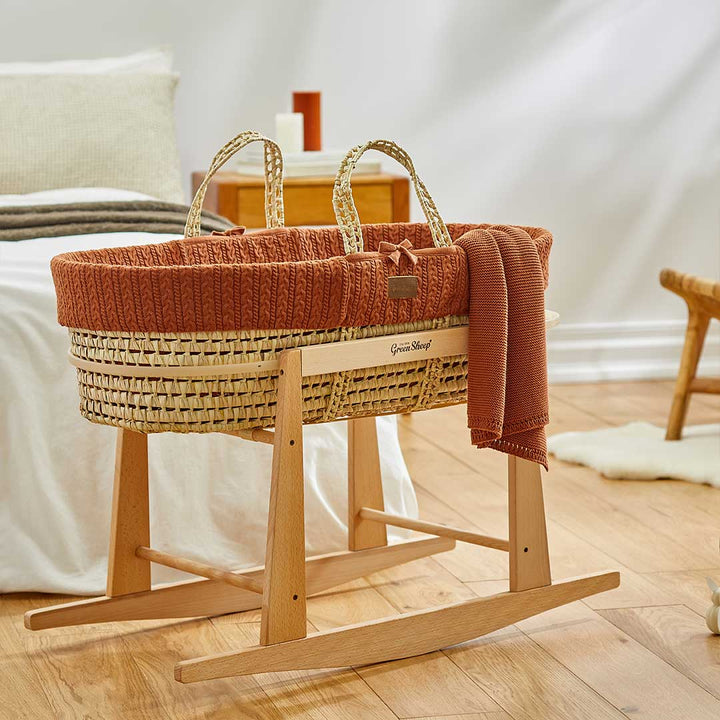 The Little Green Sheep Natural Knitted Moses Basket + Mattress - Terracotta-Moses Baskets-Terracotta-No Stand | Natural Baby Shower