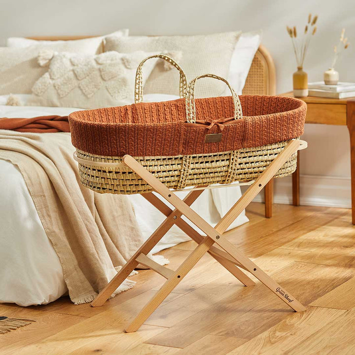 The Little Green Sheep Natural Knitted Moses Basket + Mattress - Terracotta-Moses Baskets-Terracotta-No Stand | Natural Baby Shower