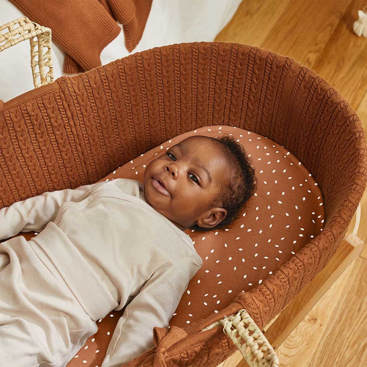 The Little Green Sheep Natural Knitted Moses Basket - Mattress + Static Stand - Terracotta-Moses Baskets-Terracotta- | Natural Baby Shower