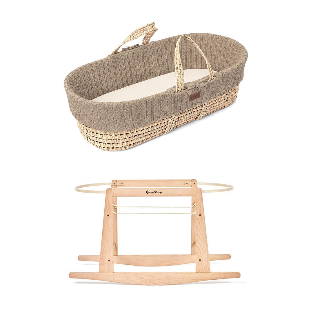 The Little Green Sheep Natural Knitted Moses Basket + Mattress - Truffle-Moses Baskets-Truffle-With Rocking Stand | Natural Baby Shower