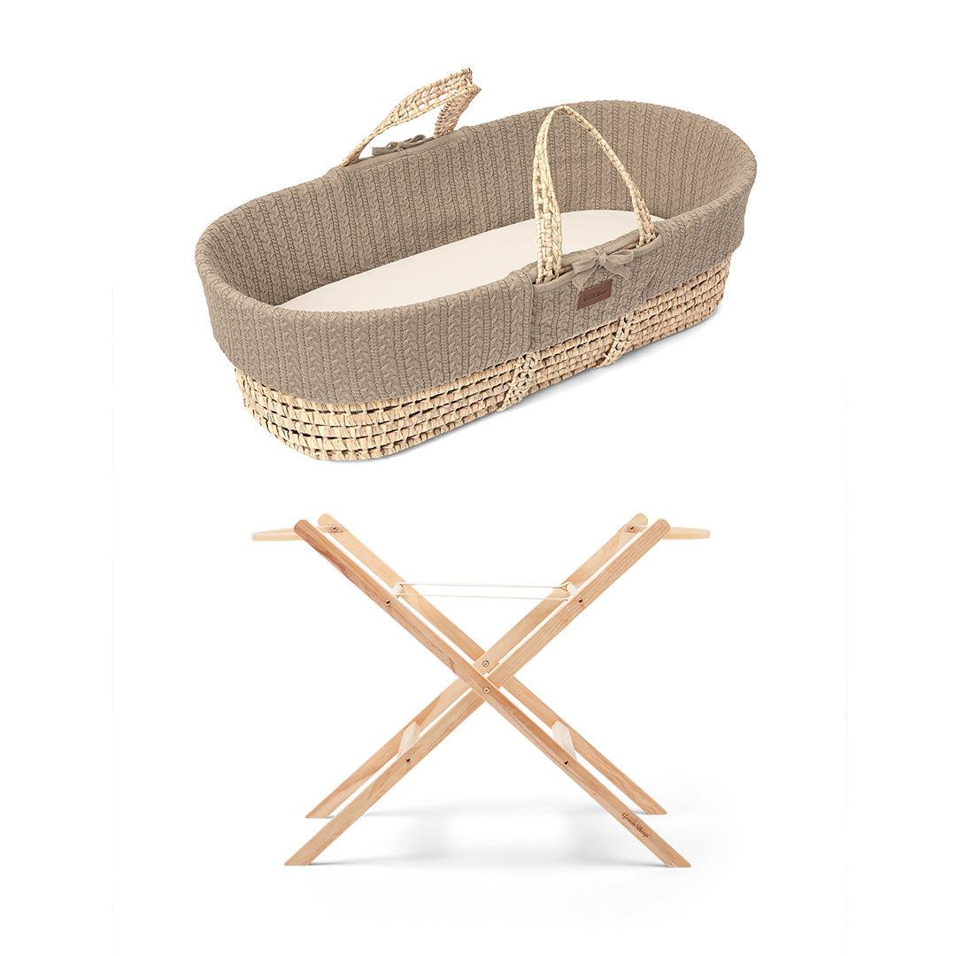 The Little Green Sheep Natural Knitted Moses Basket + Mattress - Truffle-Moses Baskets-Truffle-With Stand | Natural Baby Shower