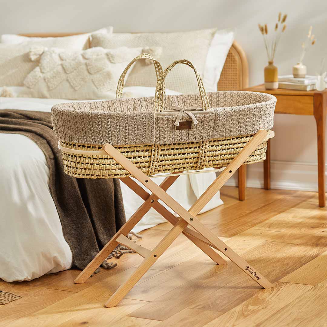 The Little Green Sheep Natural Knitted Moses Basket - Mattress + Static Stand - Truffle-Moses Baskets-Truffle- | Natural Baby Shower