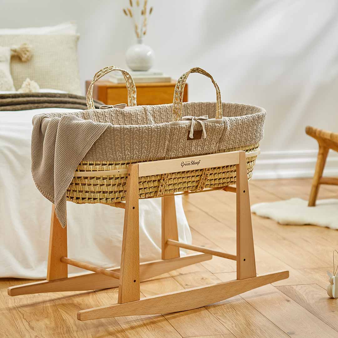 The Little Green Sheep Natural Knitted Moses Basket + Mattress - Truffle-Moses Baskets-Truffle-No Stand | Natural Baby Shower