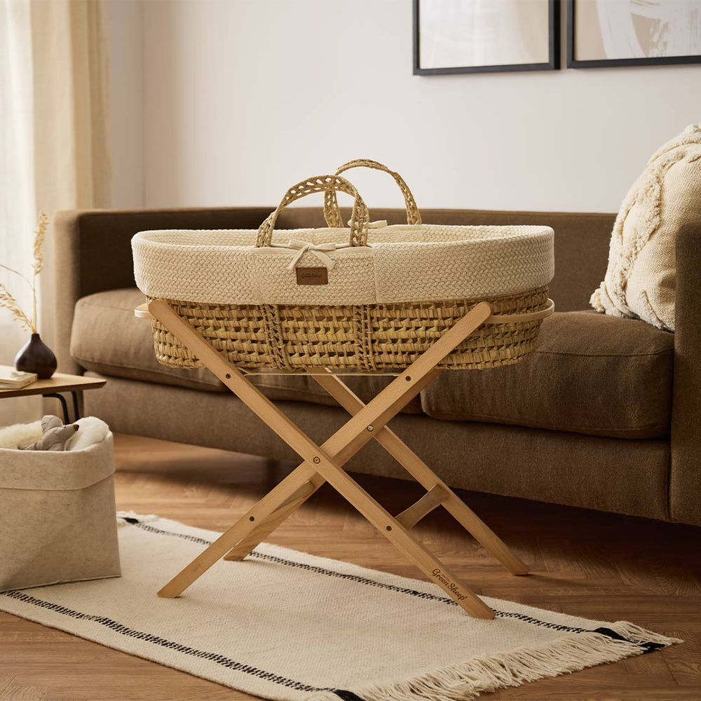 The Little Green Sheep Wheat Knit Moses Basket and Foldable Stand Bundle - Linen / Natural-Moses Baskets-Linen / Natural- | Natural Baby Shower