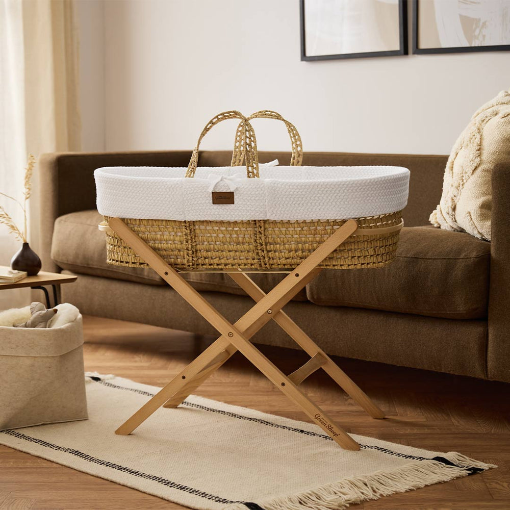 The Little Green Sheep Wheat Knit Moses Basket and Foldable Stand Bundle - White / Natural-Moses Baskets-White / Natural- | Natural Baby Shower