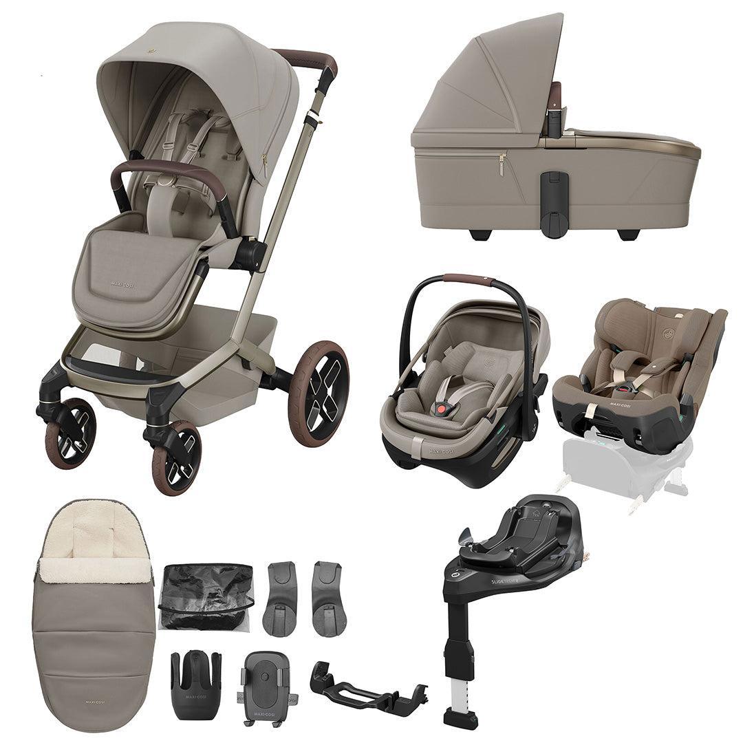 Maxi-Cosi Fame 10 Piece Ultimate Family XL Travel System Bundle with Coral Slide Pro-Travel Systems-Sapphire Sand- | Natural Baby Shower