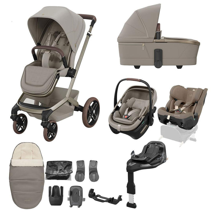 Maxi-Cosi Fame 10 Piece Ultimate Family XL Travel System Bundle with Coral Slide Pro-Travel Systems-Sapphire Sand- | Natural Baby Shower