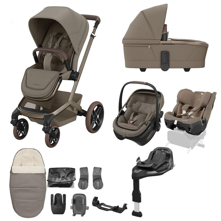 Maxi-Cosi Fame 10 Piece Ultimate Family XL Travel System Bundle with Coral Slide Pro-Travel Systems-Oak Truffle- | Natural Baby Shower