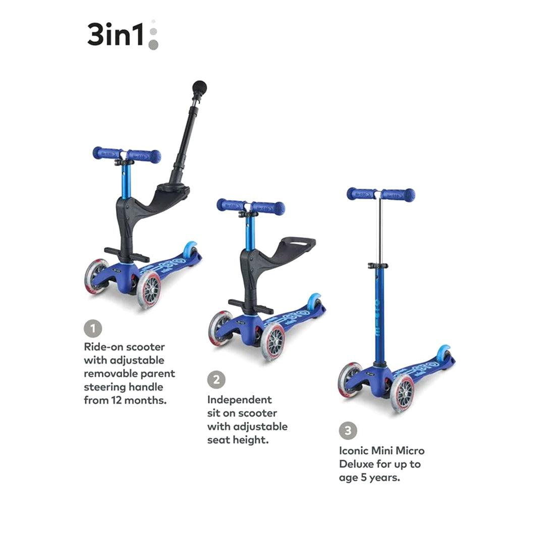 Micro Scooters 3 In 1 Deluxe Plus Scooter + Push Handle - Blue-Scooters-Blue- | Natural Baby Shower