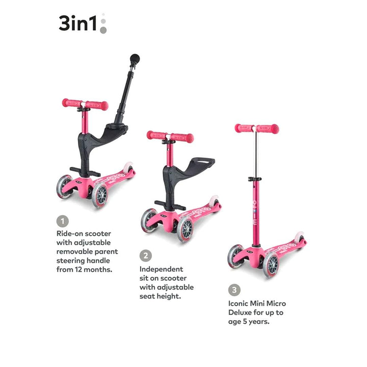 Micro Scooters 3 In 1 Deluxe Plus Scooter + Push Handle - Pink-Scooters-Pink- | Natural Baby Shower