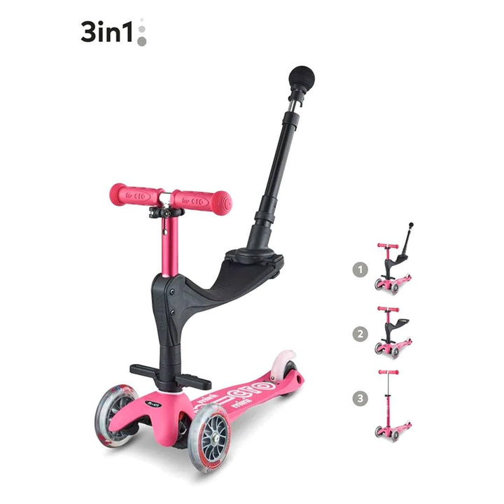 Micro Scooters 3 In 1 Deluxe Plus Scooter + Push Handle - Pink-Scooters-Pink- | Natural Baby Shower