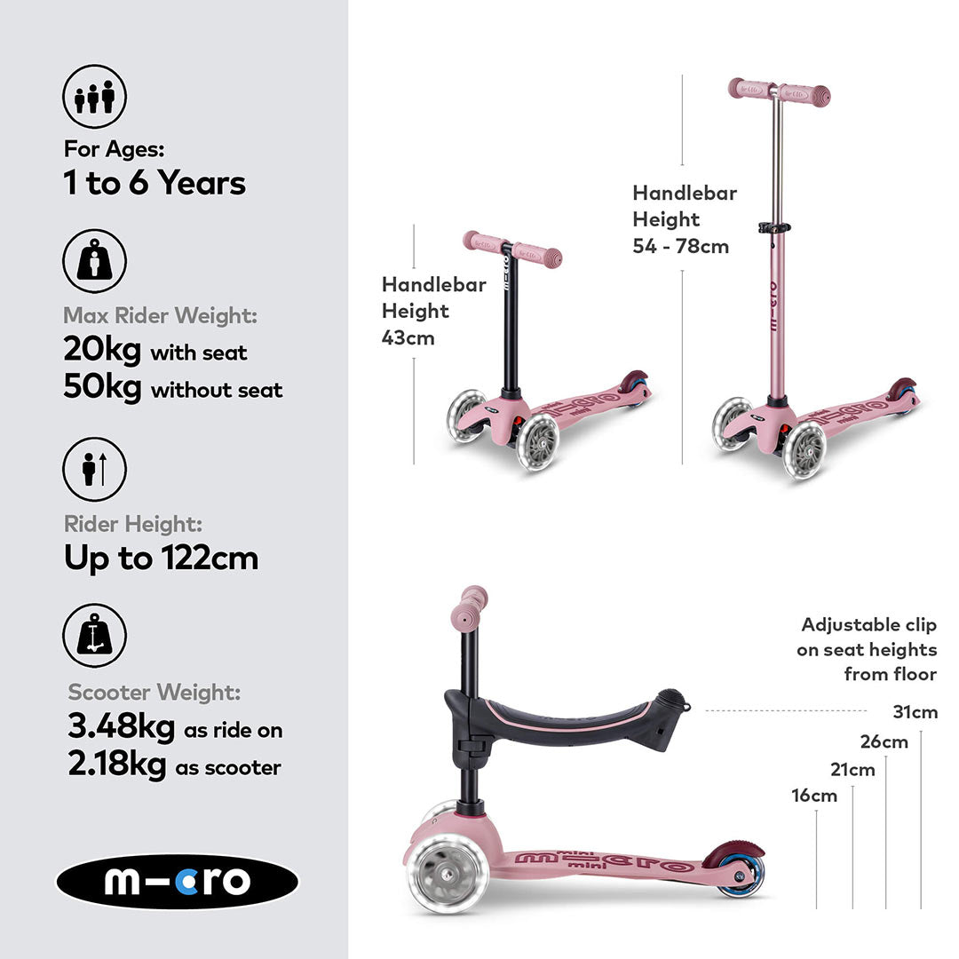 Micro Scooters Mini 2 Grow Deluxe LED Clip Seat V2 Scooter - Rose Pink-Scooters-Rose Pink- | Natural Baby Shower