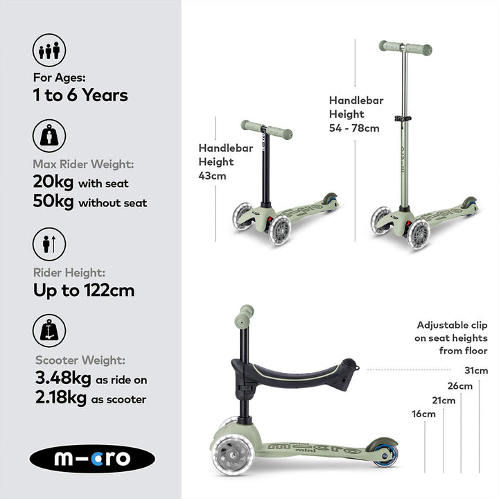 Micro Scooters Mini 2 Grow Deluxe LED Clip Seat V2 Scooter - Sage Green-Scooters-Sage Green- | Natural Baby Shower