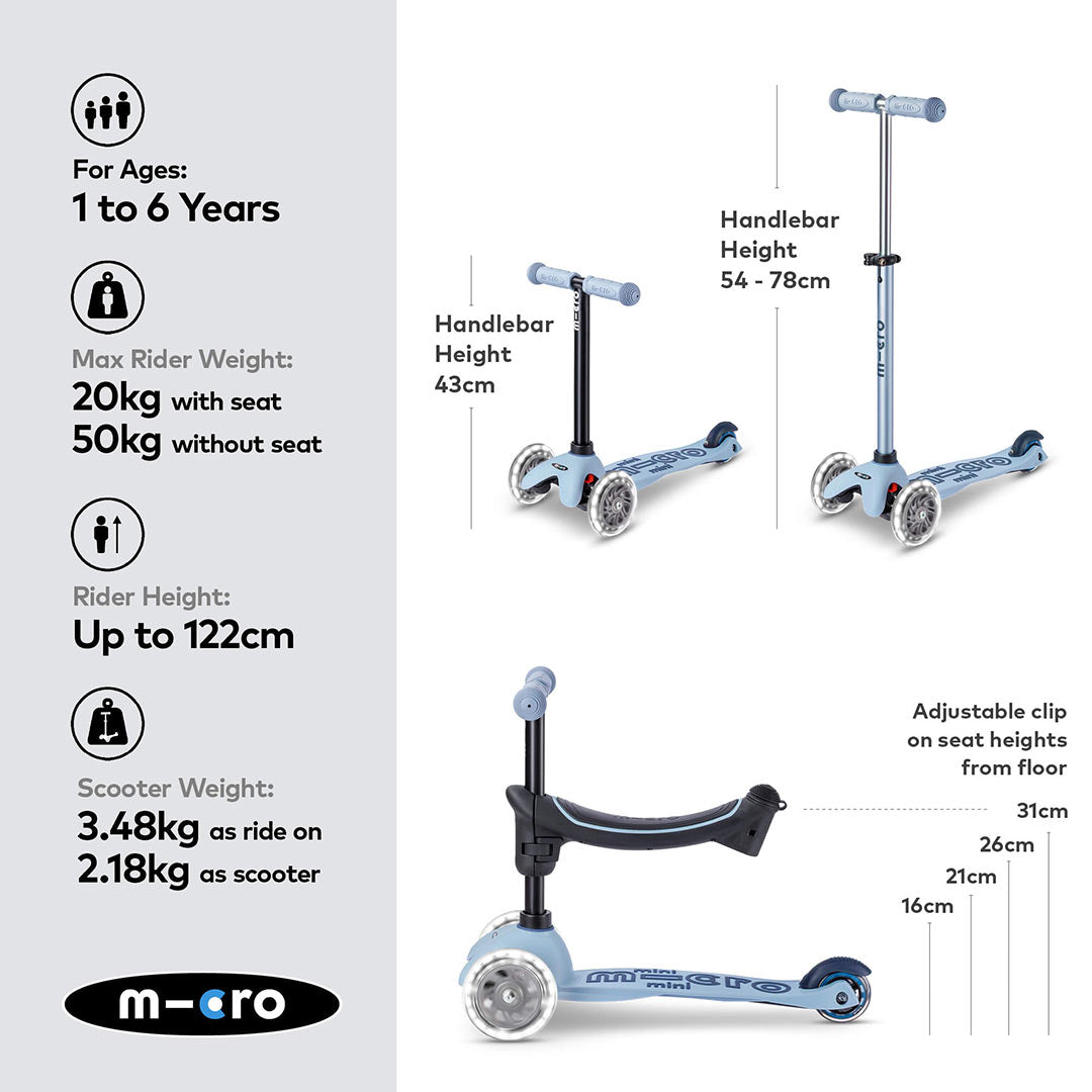 Micro Scooters Mini 2 Grow Deluxe LED Clip Seat V2 Scooter - Soft Blue-Scooters-Soft Blue- | Natural Baby Shower