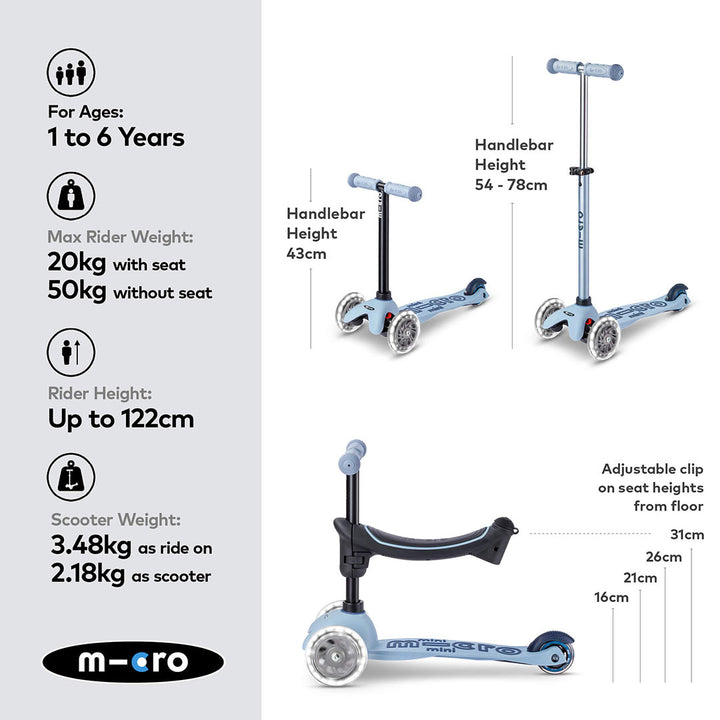 Micro Scooters Mini 2 Grow Deluxe LED Clip Seat V2 Scooter - Soft Blue-Scooters-Soft Blue- | Natural Baby Shower