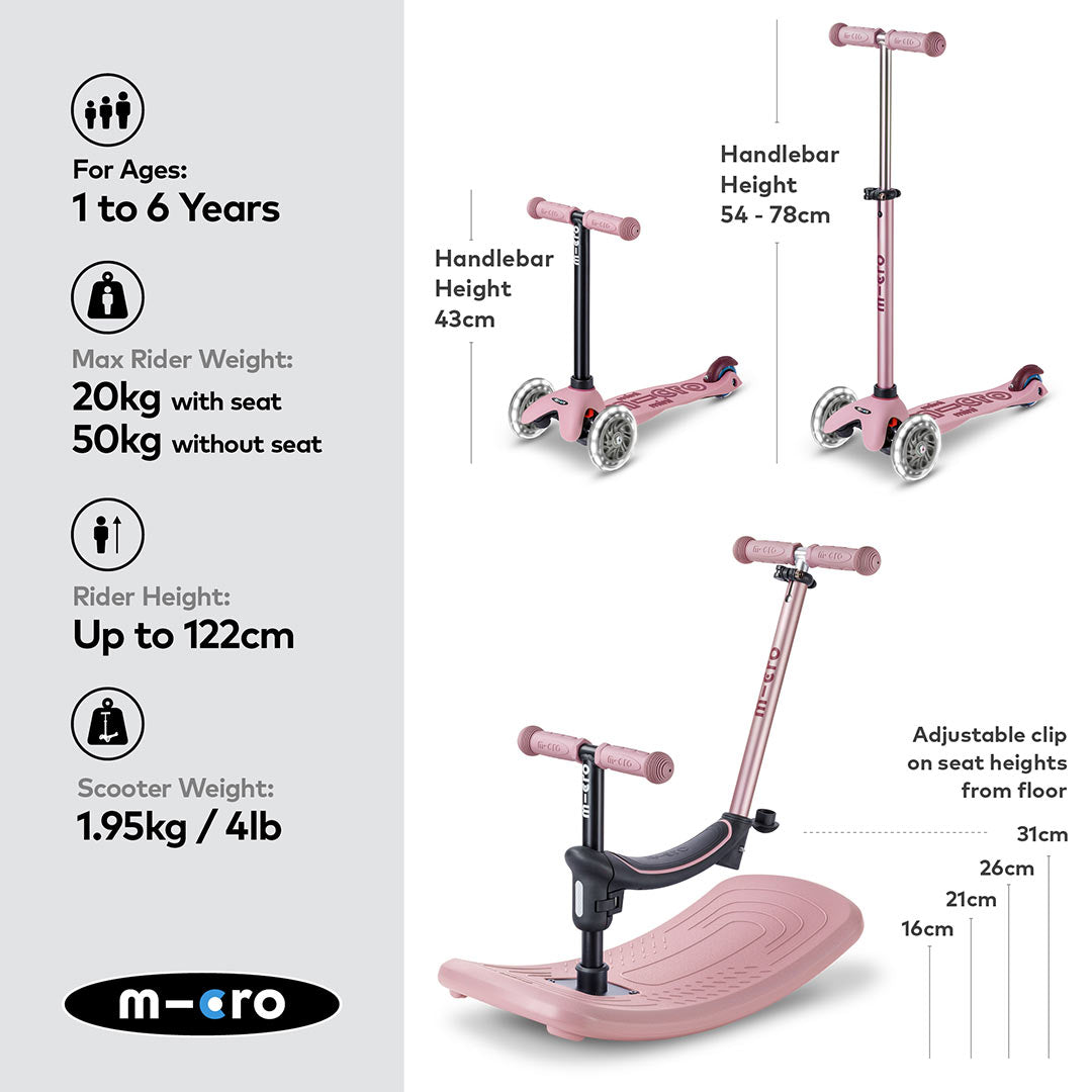 Micro Scooters Mini Deluxe LED Rock And Go Scooter - Rose Pink-Scooters-Rose Pink- | Natural Baby Shower