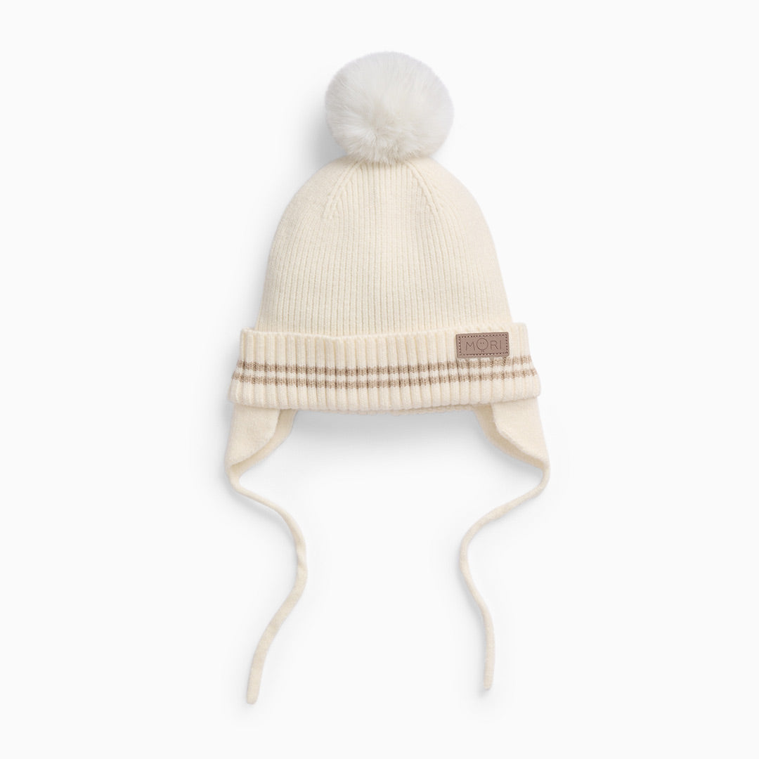 MORI Beanie Hat with Faux Fur Pom - Ecru-Hats-Ecru-0-6m | Natural Baby Shower