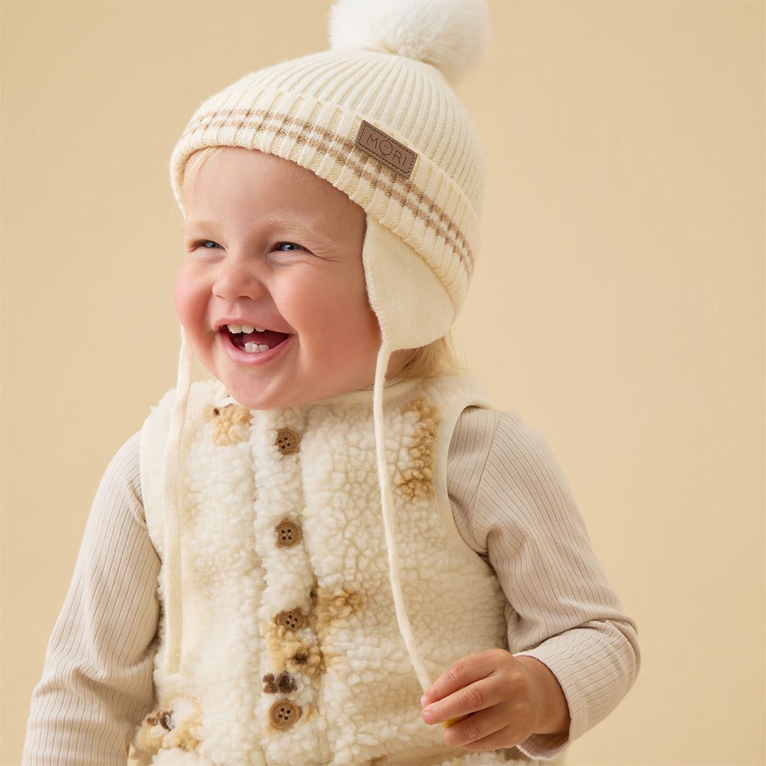 MORI Beanie Hat with Faux Fur Pom - Ecru-Hats-Ecru-0-6m | Natural Baby Shower
