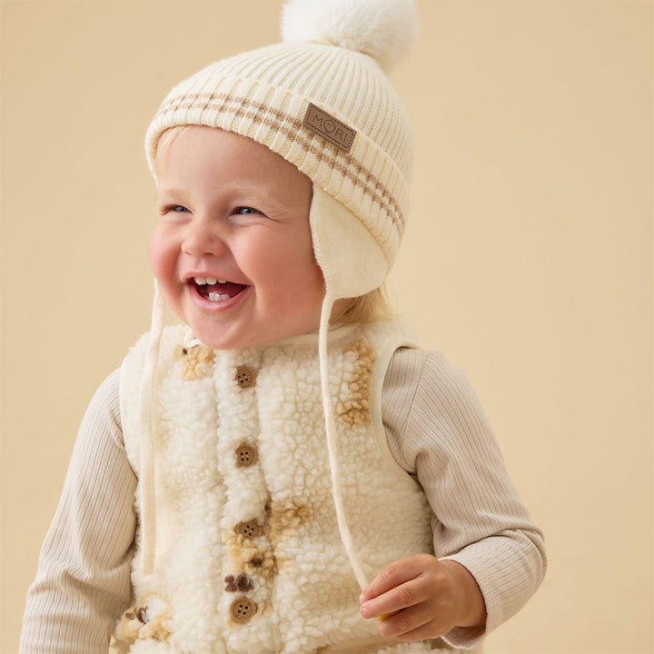 MORI Beanie Hat with Faux Fur Pom - Ecru-Hats-Ecru-0-6m | Natural Baby Shower