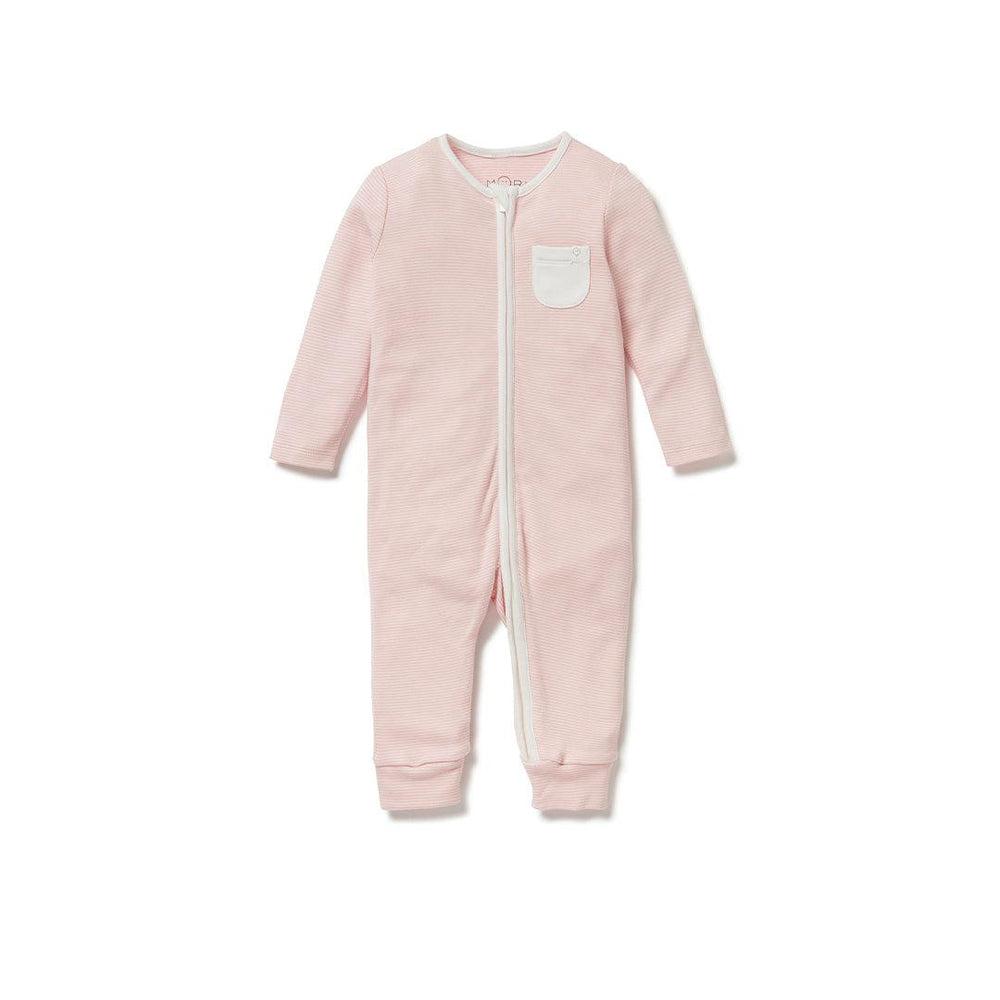 MORI Ribbed Clever Zip Sleepsuit - Blush Stripe-Sleepsuits-Blush-NB | Natural Baby Shower