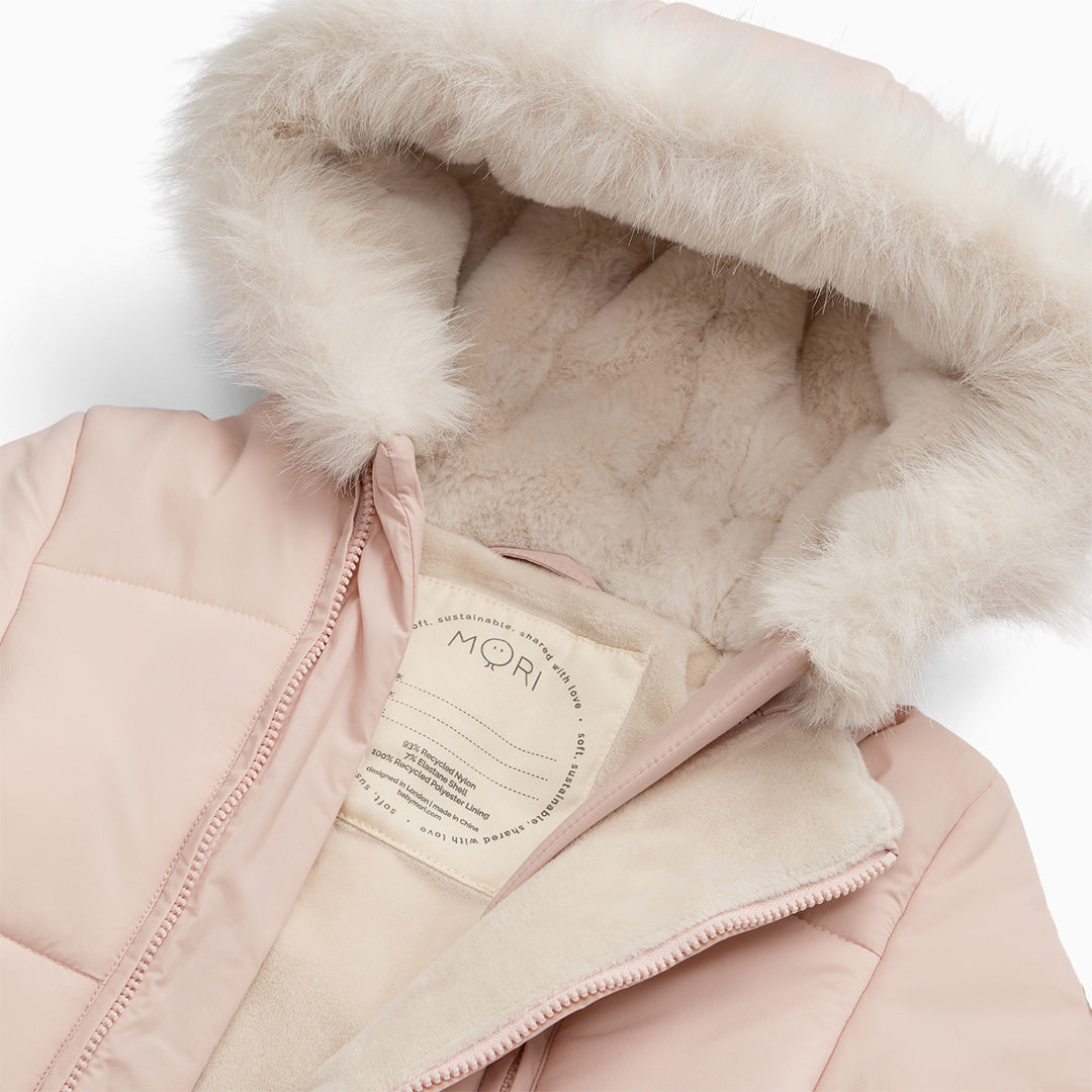 MORI Recycled Faux Fur Lined Embroidered Snowsuit - Pink-Snowsuits-Pink-0-3m | Natural Baby Shower