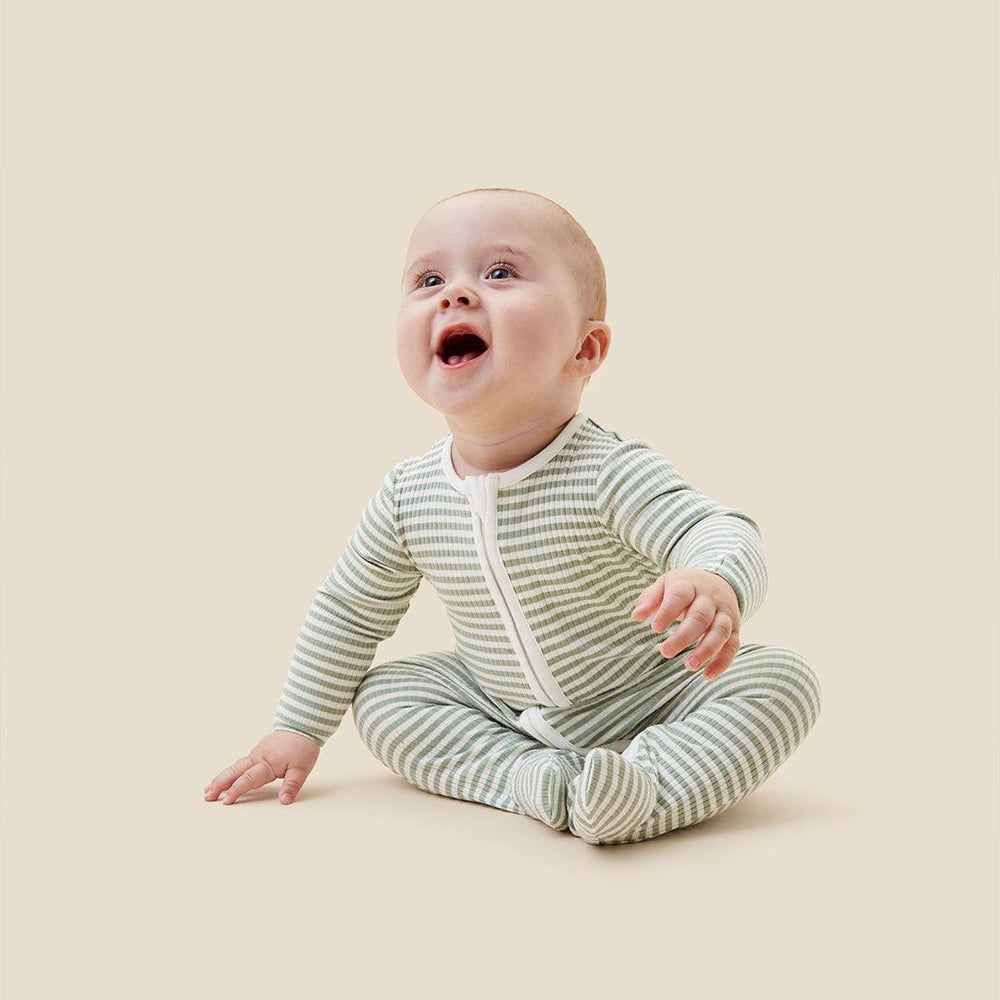 MORI Clever Zip Sleepsuit - Sage Stripe-Sleepsuits-Sage Stripe-Newborn | Natural Baby Shower